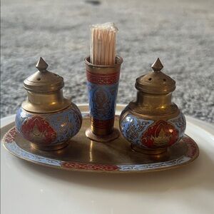 Ornate Brass Salt and Pepper Shakers with Toothpick Holder